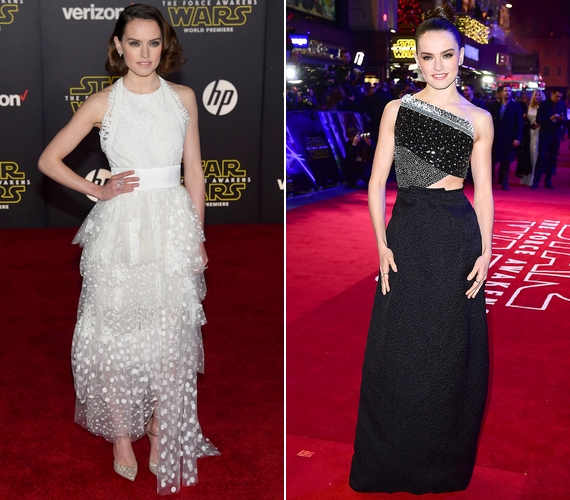 Daisy Ridley valósággal ragyogott az új Star Wars bemutatóin hosszú estélyi ruháiban.