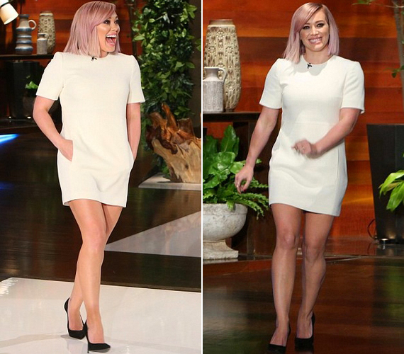 Múlt pénteken debütált új, rózsaszín frizurája az Ellen Show-ban, ahol egyszerű, de nőies, fehér ruhát viselt.