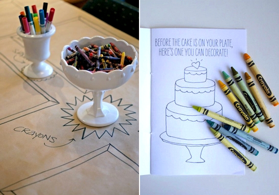 Készíts ki lapot és írószert a kicsiknek! Jó megoldás lehet, ha már a terítő is egy nagy papír, erre maguktól is rajzolhatnak, vagy nyomtass néhány esküvői témájú színezőt!