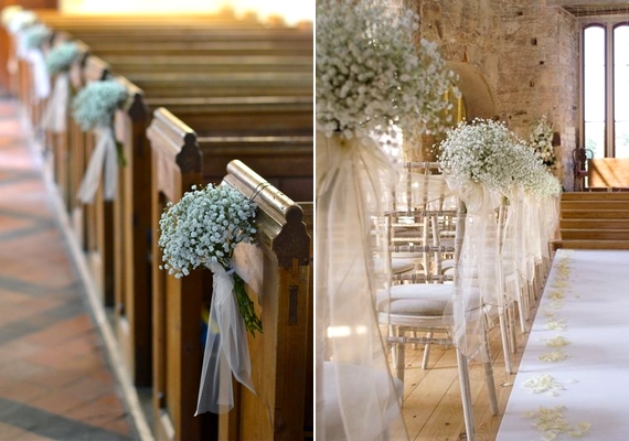 A padsorok vagy székek oldalán remekül mutat egy-egy szépen megkötött fátyolvirágcsokor, például fehér tüllszalaggal díszítve.