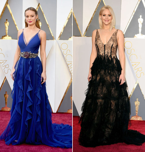 Brie Larson és Jennifer Lawrence is a legjobb női főszereplő díjára várt, előbbi meg is kapta. Mindketten alul fodros ruhát választottak. A későbbi nyertes egy kék Gucci-ruhát, a Joy sztárja pedig természetesen Dior viselt.