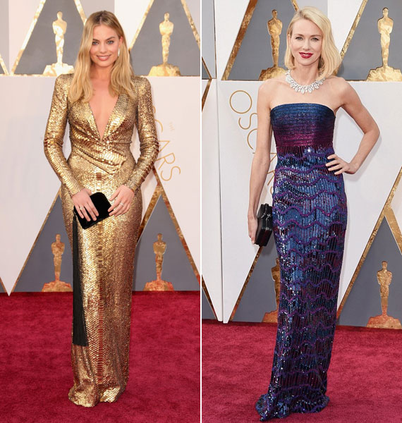 Többen választottak flitteres, csillogó ruhát, így Margot Robbie is, akinek tökéletes alakján csodásan mutat az arany Diane Von Furstenberg-ruha. Naomi Watts Armani Privét választott.