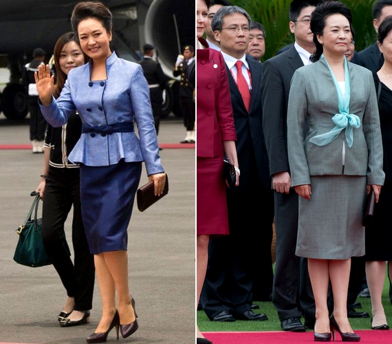 Peng Liyuan az egyszerű kosztümöket szereti masnira kötött kendőkkel feldobni.