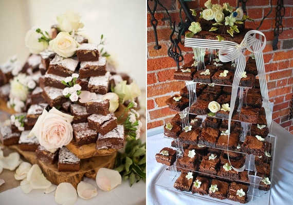 A torony bármilyen édes finomságból készülhet, még akár önmagában kevéssé dekoratív süteményből, például brownie-ból is.