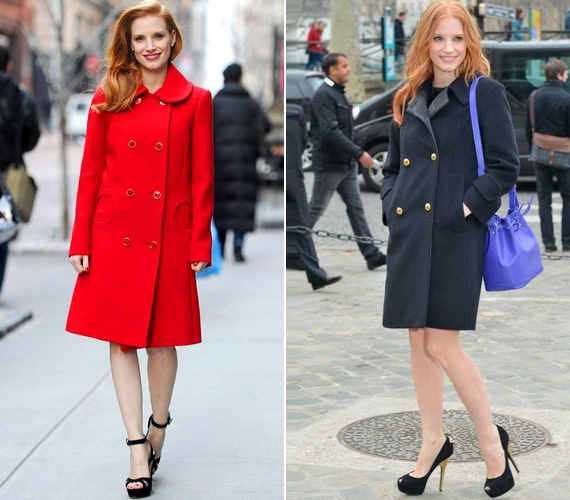 Jessica Chastain szereti az elegáns kabátokat és az egyszerű, de minél magasabb sarkú cipőket.