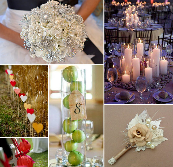 Virágok nélkül is lehet romantikus és meghitt az esküvő csipke, gyöngyök, gyertyák, gyümölcsök vagy papírdíszek felhasználásával.