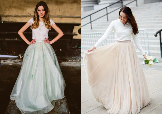 A kétrészes esküvői ruháknál a felső teljesen elkülönül a szoknyától, így akár más színű, anyagú és stílusú is lehet.